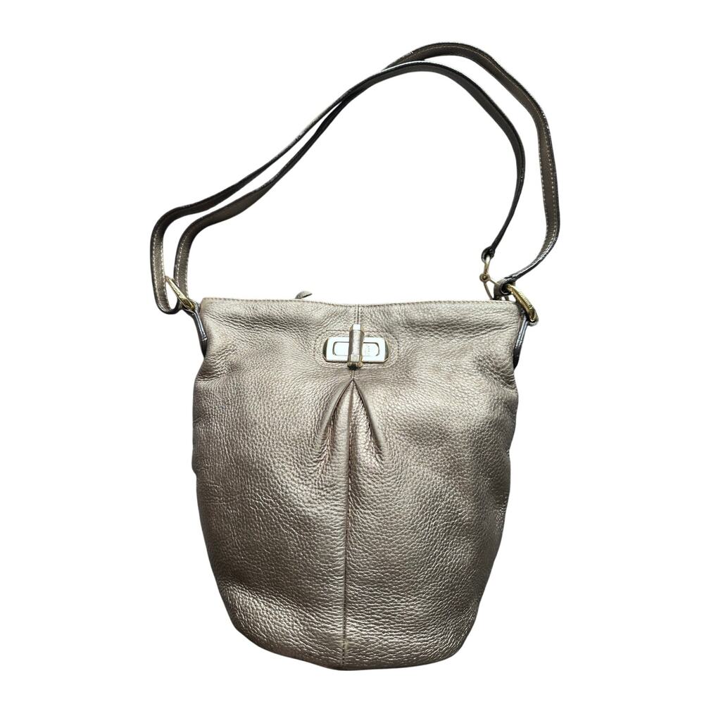 B Makowsky Metallic Antique Gold Pebble Leather Crossbody Bucket Bag BOHO Y2K